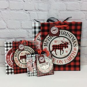 Christmas Gift Bags 7 Piece Set Red/Black Buffalo Check 3 Sizes Ribbon Handles